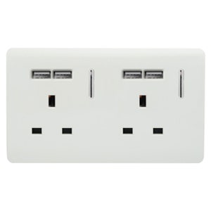 May include: A white rectangular double wall socket featuring two three-pin electrical outlets, two USB ports above each outlet, and two vertical chrome power switches positioned to the right of each set of ports on the faceplate.