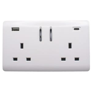 May include: A white rectangular double wall socket featuring two three-pin electrical outlets, two vertical silver rocker switches, one USB-A port on the left, and one USB-C port on the right, all integrated into a single smooth plastic faceplate.