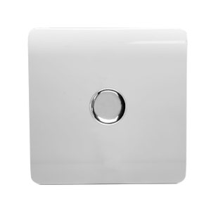 May include: A square white wall light switch featuring a smooth, glossy finish and a centred, circular metallic silver push-button actuator. The design is flat and minimalist, with rounded corners on the square faceplate and a reflective button.