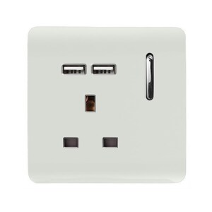May include: A square white wall electrical socket featuring two USB ports positioned above a standard three-pin plug configuration. The device includes a vertical chrome-finished rocker switch on the right side, set against a smooth, flat, off-white plastic faceplate.