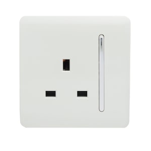 May include: A square white electrical wall socket featuring three rectangular pin slots arranged in a triangular pattern and a single vertical chrome switch positioned on the right side of the faceplate.