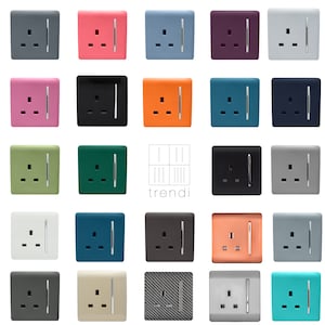 May include: A collection of 20 different coloured electrical socket covers with a silver trim. The socket covers are arranged in a grid pattern. The word "trendi" is printed in the centre of the grid.