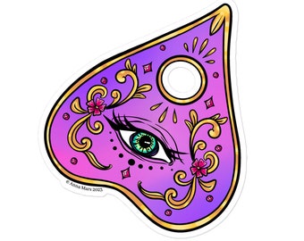 Pink Ouija Planchette with Evil Eye Bubble-free stickers- Moon Flower Studio Pink Floral Ghost Planchette
