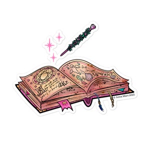 Livre de sorts enchanté et baguette rose - Stickers sans bulles - Studio de fleurs de lune - Sticker baguette de sorcière