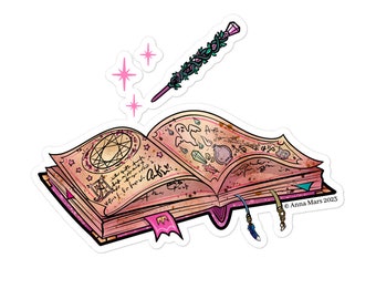 Enchanted Magic Spell Book and Rose Wand Bubble-free stickers- Moon Flower Studio- Magical Spell Witch Wand Sticker