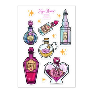 Feuille d'autocollants ingrédients magiques de bouteilles de potion - Atelier de fleurs de lune - Aura arc-en-ciel - Potions magiques de sorcier pastel