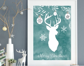 Christmas Deer Print,Christmas Print,Blue Deer Christmas sign,Holiday Decor,Blue and Silver Christmas Print,Merry Christmas Sign,Holiday Art