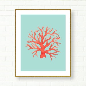 Coral watercolor print,  botanical illustration, Sea art, sea life, nautical ocean wall poster,  modern nursery, red seaweed, Aqua Printable