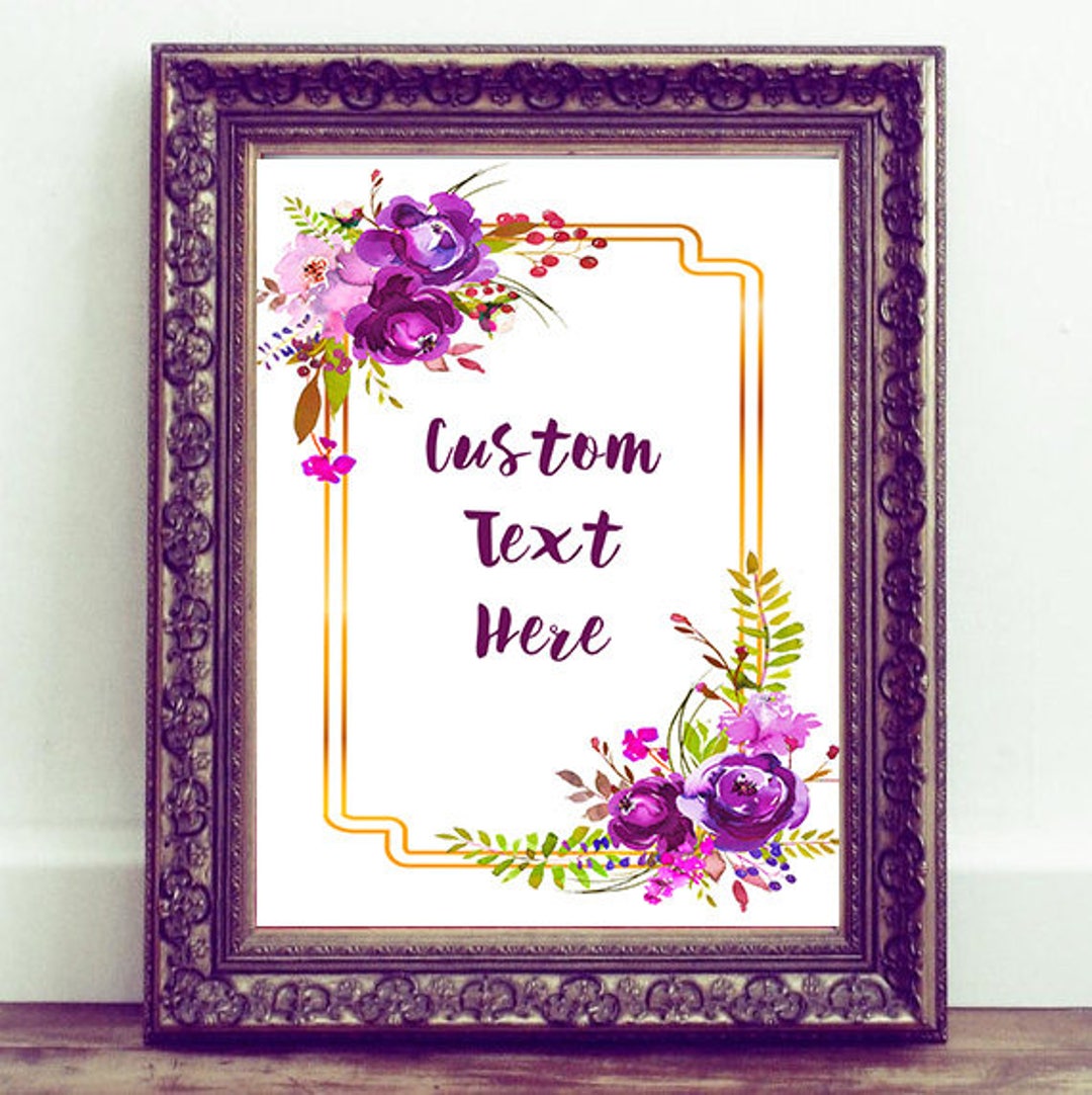 Purple Floral With Gold Frame Watercolor Custom Text - Etsy