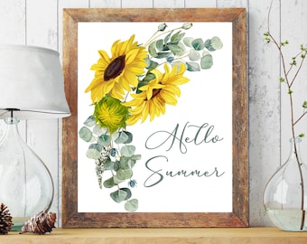 Hello Summer Print, Sunflower Summer Sign, Summer Printable, Summer Home Decor, Summer Wall Art, Sunflower Watercolor, Floral Poster