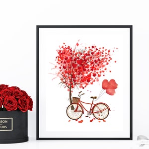 Love tree and bicycle with hearts,Instant download,Printable Wall Art,Hearts,Tree of love,Red Balloons,Valentines,I love you printable image 1