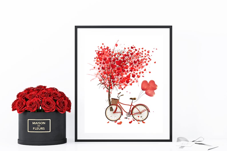 Love tree and bicycle with hearts,Instant download,Printable Wall Art,Hearts,Tree of love,Red Balloons,Valentines,I love you printable image 1