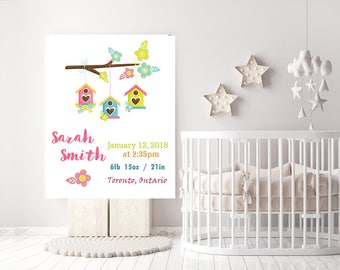 Bird House bebé niña nacimiento anuncio de impresión, decoración de la habitación del bebé, descarga instantánea, impresión de la guardería del anuncio del nacimiento del bebé, arte de la pared imprimible