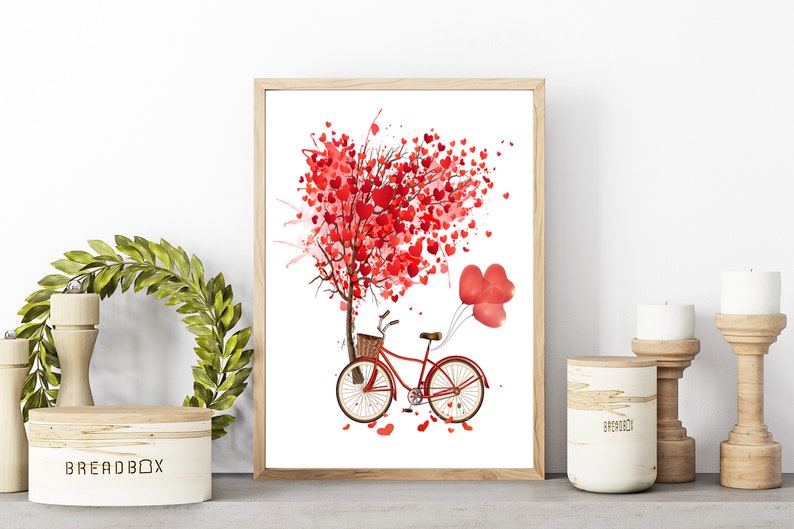 Love tree and bicycle with hearts,Instant download,Printable Wall Art,Hearts,Tree of love,Red Balloons,Valentines,I love you printable image 2