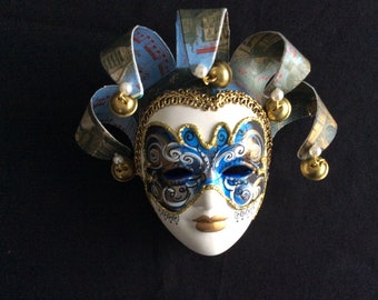 Hanging Venetian mask porcelain handmade signed ornament wall decor vintage made in Italy retro carnival Masquerade peacock on face china