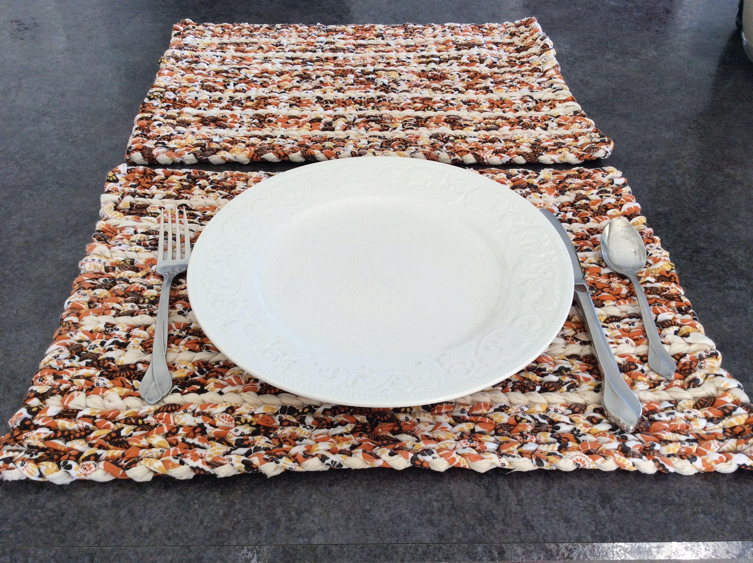 Burnt Orange Brown Yellow Cream 17.5” x 12.5” Twined Rag Placemats. Set