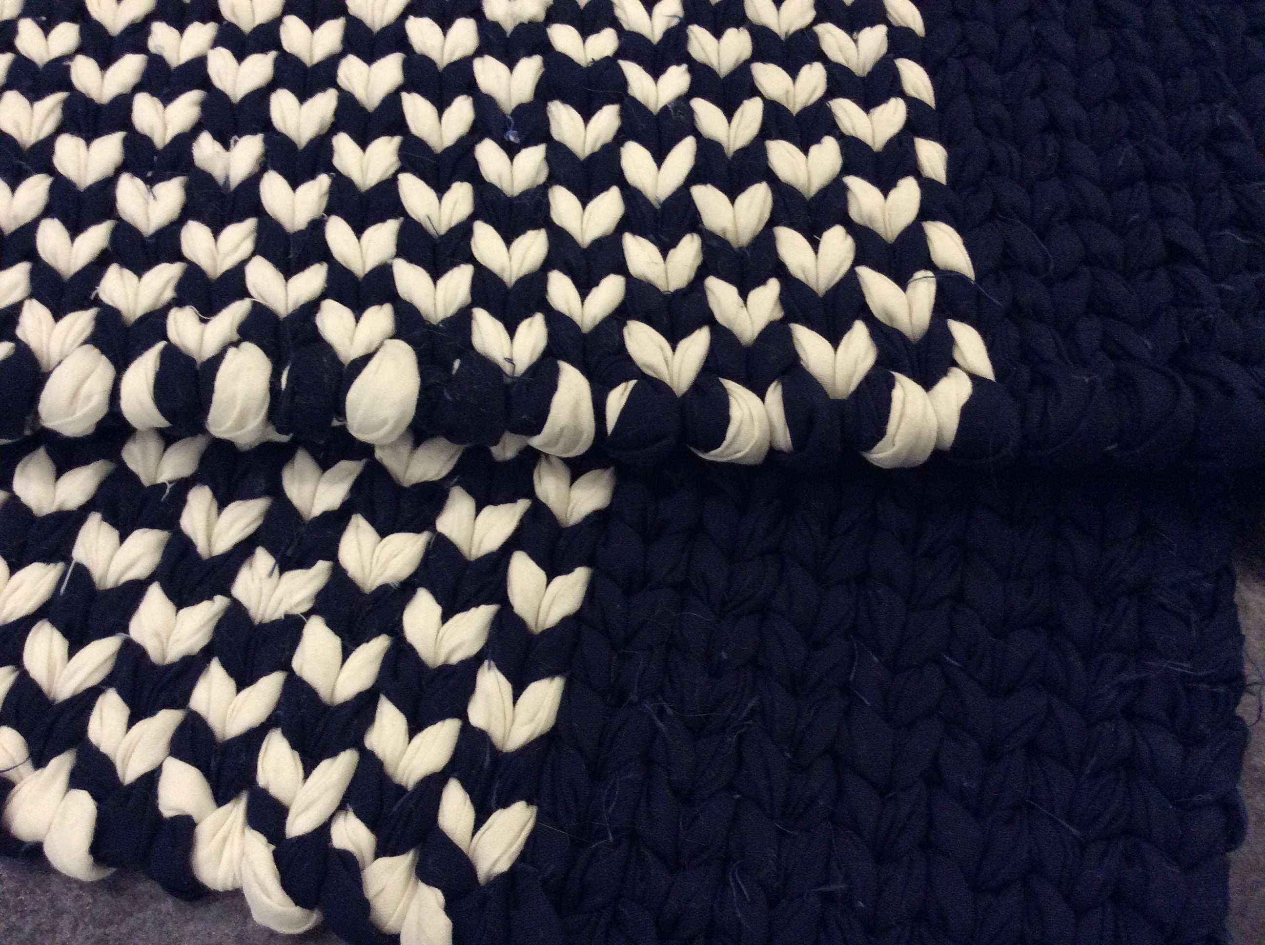 Twined Rag Rug Dark Navy & White, 52” x 28” READY TO SHIP-Machine
