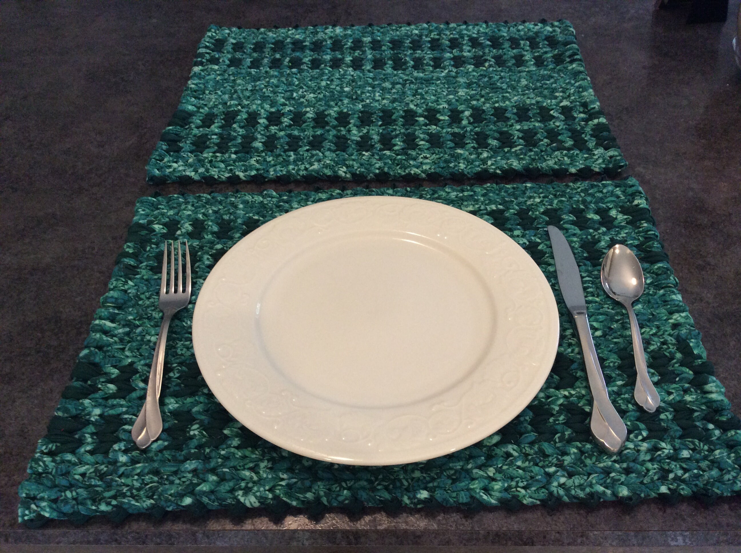 Twined Rag Rug Placemat Set. Large 17.5 x 12.5 READY TO SHIP. Green
