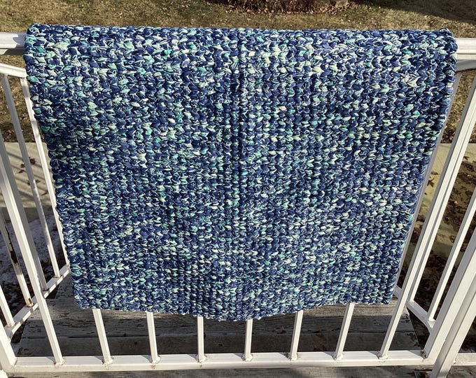 Blue Handwoven 100% Cotton Rug: Reversible Twined Rug (23.5” x 36”)