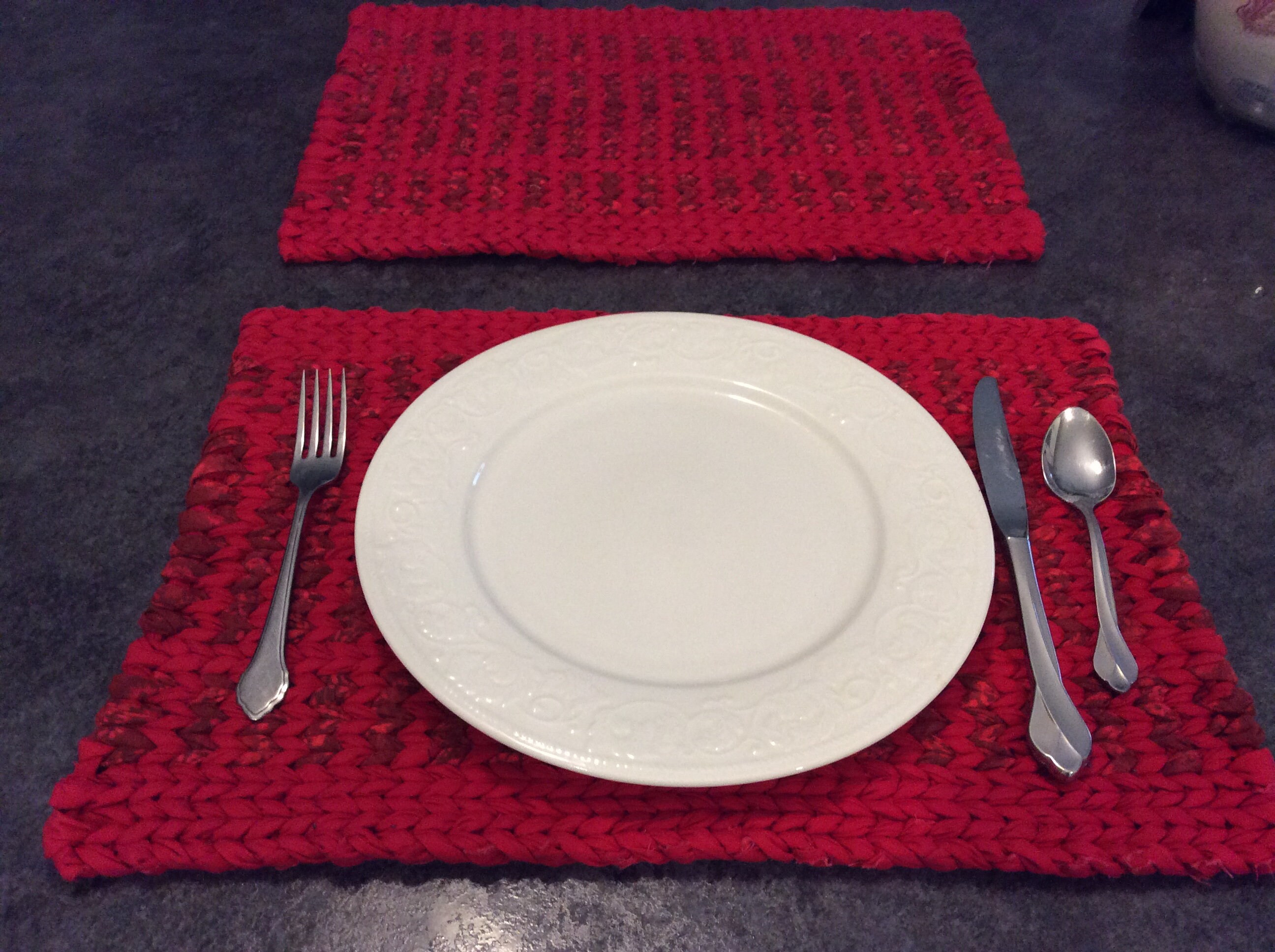 Twined Rag Rug Placemat Set of 2. Deep Red 17.5 x 12.5 READY TO SHIP