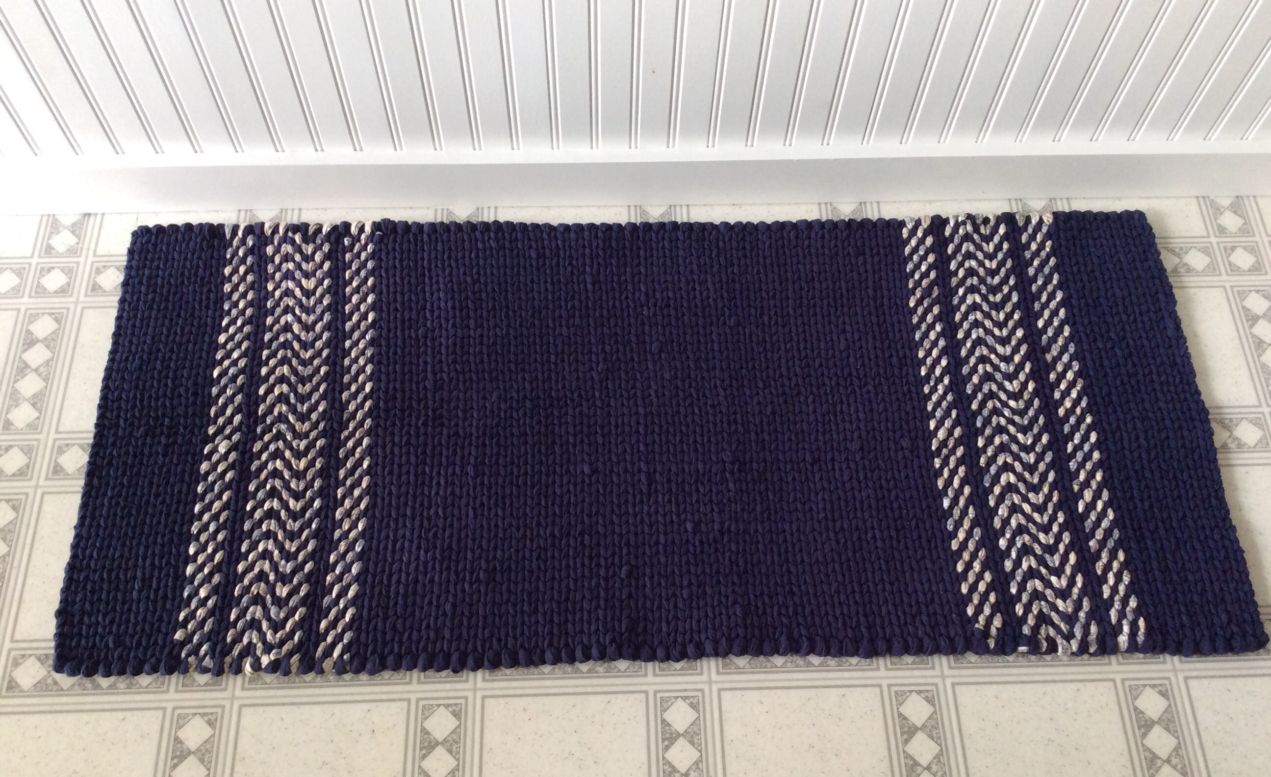 Navy Woven Rag RugLarge 46” x 21” twined rag rug. READY TO SHIP