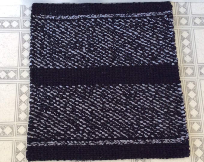 Black and White Twined Rag Rug. 23” x 25” READY TO SHIP HandWoven Reversible Rug/Mat
