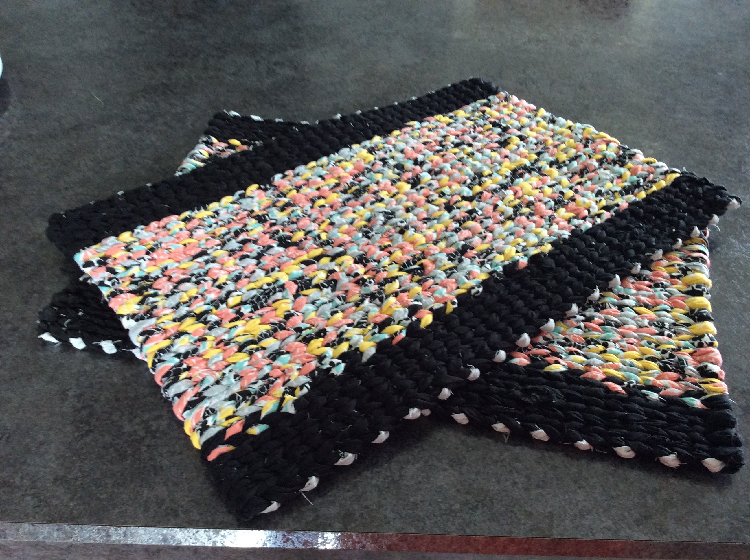 Handwoven Rag Rug Placemats/Table Mats. 18x12 Black, yellow, turquoise