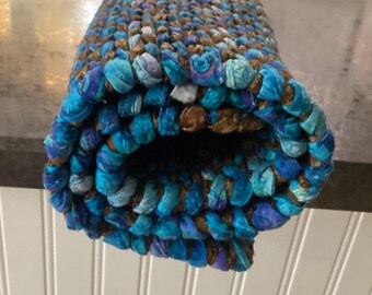 Handwoven Cotton Twined Rug: Brown and Blue 23” x 33”