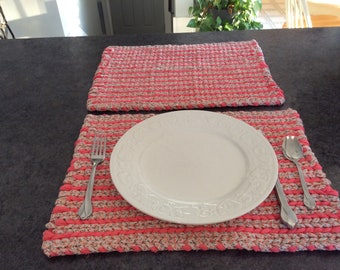 Peachy Pink Accents 17” x 12.5” Twined Rag Placemats. Set of 2 READY TO SHIP HandWoven Table Rugs/Placemats
