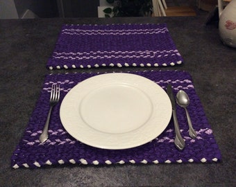Handwoven Rag Rug Placemats in Purple  & White  16.5” x 12.5” Set of 2 Twined Placemats. READY TO SHIP