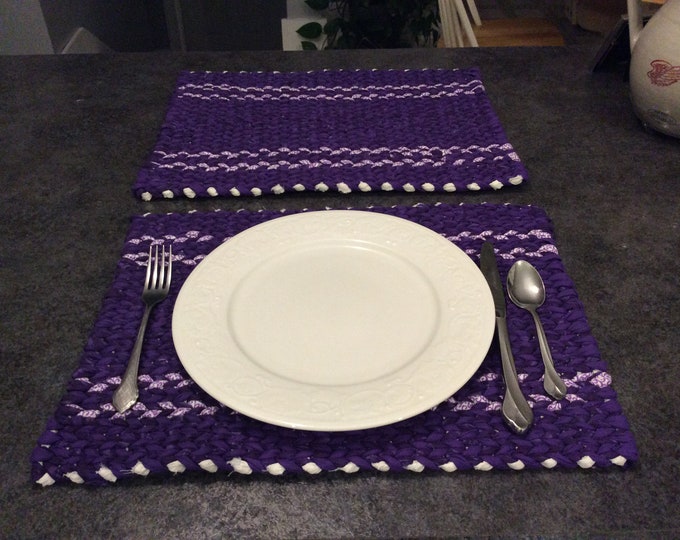 Handwoven Rag Rug Placemats in Purple  & White  16.5” x 12.5” Set of 2 Twined Placemats. READY TO SHIP