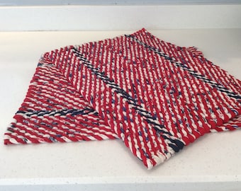 Red, White & Blue Twined Rag Placemats. Set of 2 READY TO SHIP HandWoven Table Rugs/Placemats