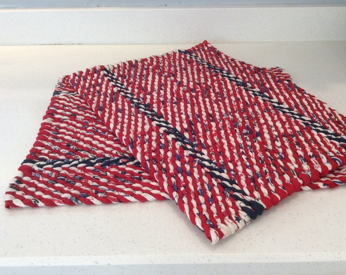 Red, White & Blue Twined Rag Placemats. Set of 2 READY TO SHIP HandWoven Table Rugs/Placemats