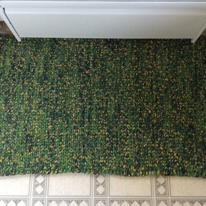 Hand Woven Cotton Throw Rug: Green & Yellow Batik, 38x22.5&quot;, Reversible