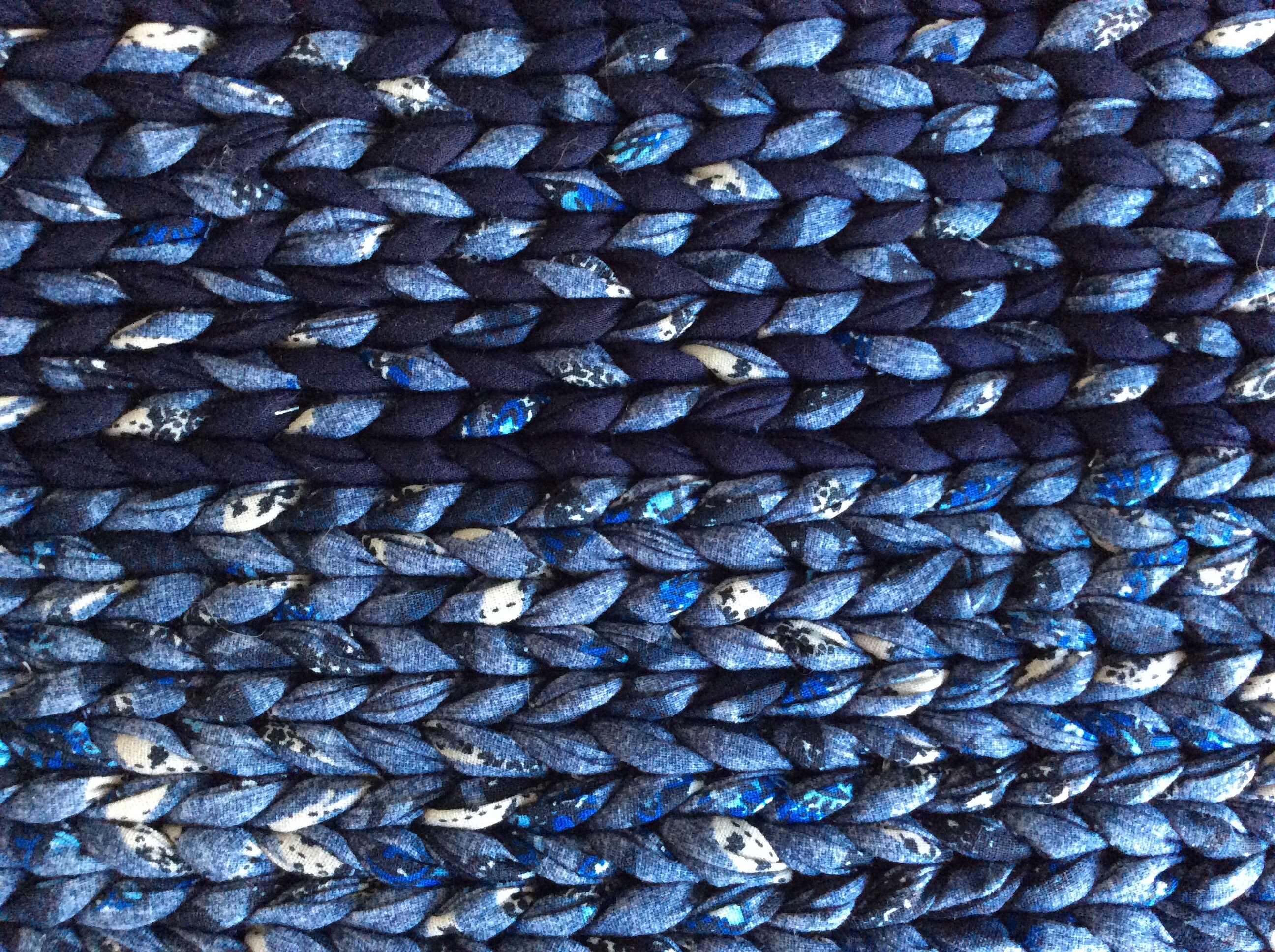 Blue Jean Blue and Navy Twined Rag Rug. 23” x 25” READY TO SHIP