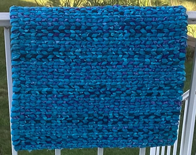 Blue Navy Purple Twined Rug 15"x25” Reversible Machine Washable Handwoven 100% cotton