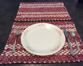 Twined Rag Rug Holiday Placemats! READY TO SHIP Cranberry Red & White  17.5” x 12.5”. Set of 2  HandWoven Table Mats/Placemats