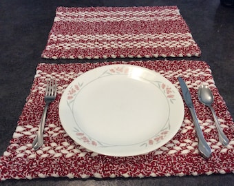 Twined Rag Rug Holiday Placemats! READY TO SHIP Cranberry Red & White  17.5” x 12.5”. Set of 2  HandWoven Table Mats/Placemats