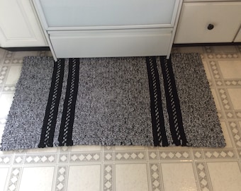 Black and White  Twined Rug-Large 47” x 26” Ready to Ship. Reversible Machine Washable Handwoven cotton