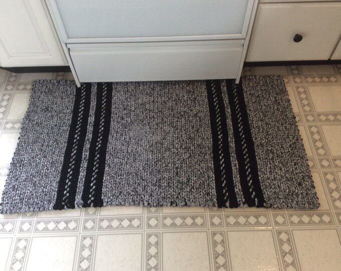 Black and White  Twined Rug-Large 47” x 26” Ready to Ship. Reversible Machine Washable Handwoven cotton