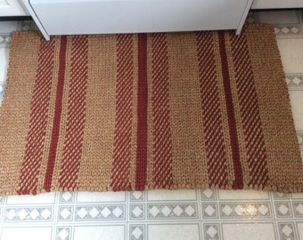 Woven Twined Tan & Rust Throw Rug-Reversible- Lays Flat - Washable 41”x25” READY TO SHIP