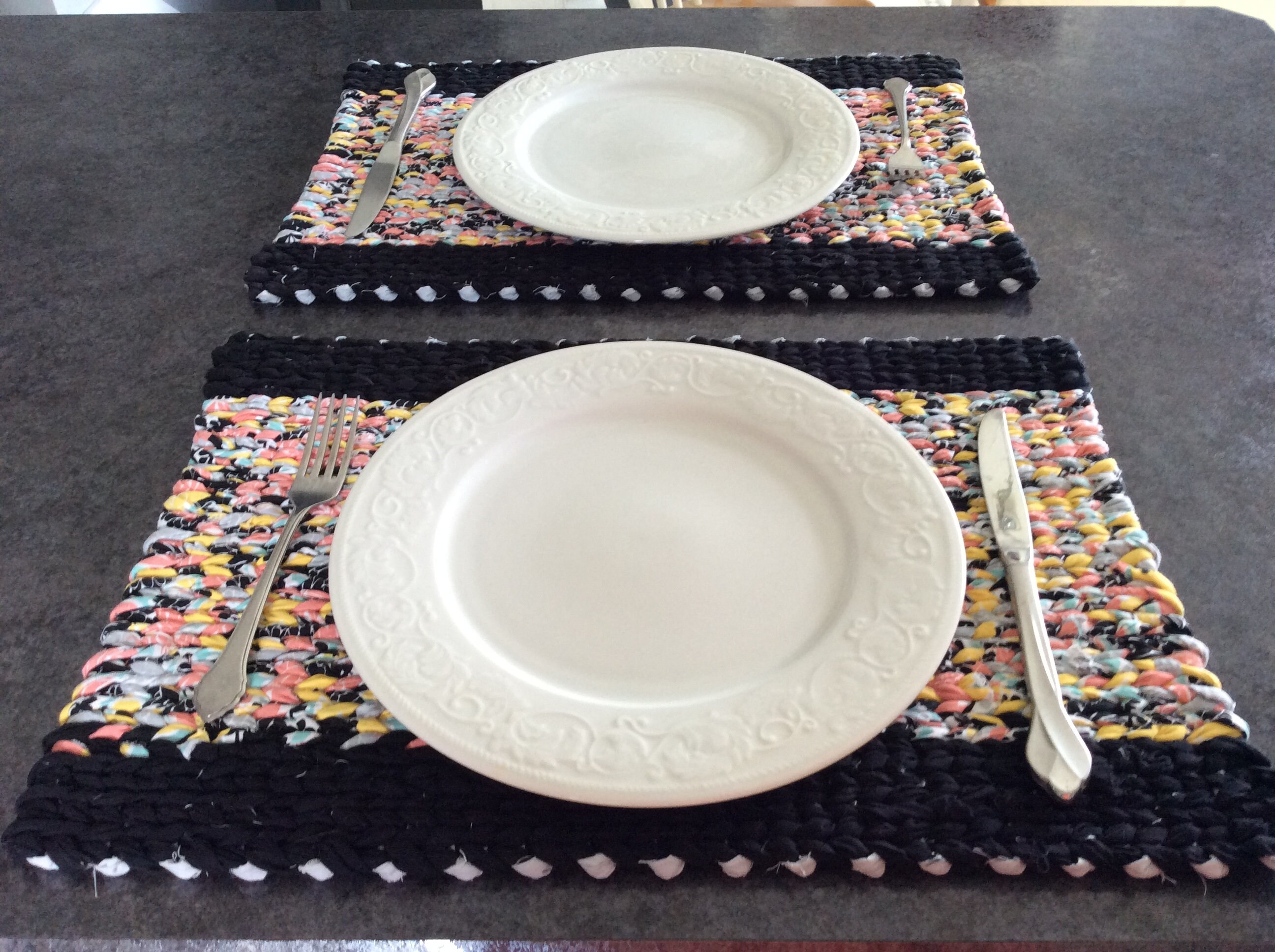 Handwoven Rag Rug Placemats/Table Mats. 18x12 Black, yellow, turquoise