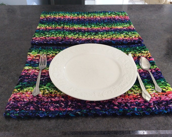 Multi Spring Colored 17.5” x 12.5” Twined Rag Placemats. Set of 2 READY TO SHIP HandWoven Table Rugs/Placemats