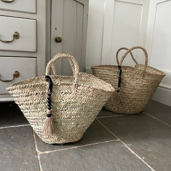 Hand Woven Berber Basket: French Market Bag with Tassel