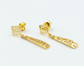 Greek Key Earrings, Gold Dangle Earrings, Solid Gold 14k, Greek Jewelry, Eternity Symbol