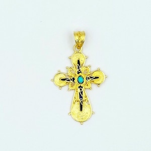 Gold Filigree Cross, Handmade Cross, Byzantine Cross, Turqouise, Enamel, Greek Jewelry, 18k Solid Gold