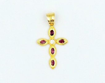 Gold 18k Cross, Handmade Cross, Ruby Cross, Greek Jewelry, 18k Solid Gold, Diamond Cross