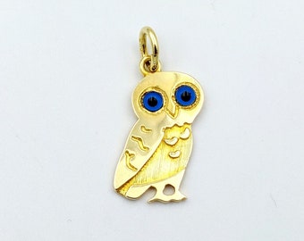 Pingente de coruja de Atenas em ouro, ouro maciço 14k, pingente de sabedoria, joia grega, coruja de Atenas