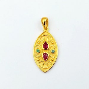 Gold Byzantine Pendant, Gold Handmade Pendant, Precious Stones, Solid Gold 14k, Greek Jewelry