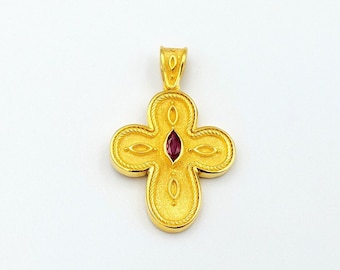 Gold Byzantine Cross, Gold Handmade Cross, Precious Stones, Gold Pendant Cross, Greek Jewelry